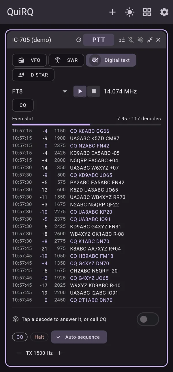 ShackRat on a phone, showing FT8 decodes with CQ calls highlighted
